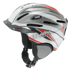 lyžařská helma uvex ultrasonic pro graphics stříbrno-červená-deco detail